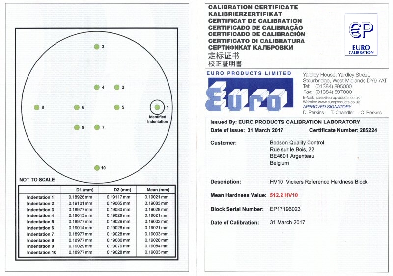 Bloc de référence acier 300 HV10 avec certificat EPL (ISO)