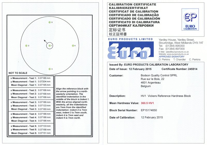 Reference bloc steel 850 Hk0.01 with certification EPL (ISO)