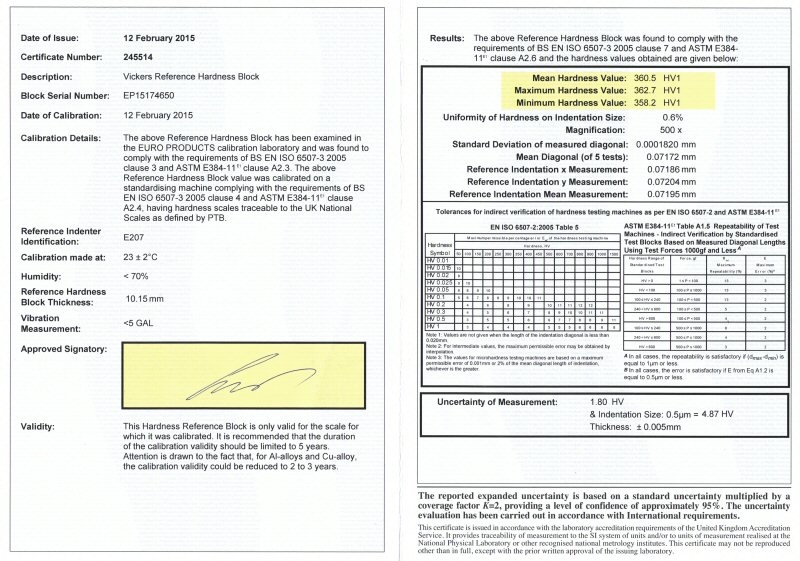 Reference bloc steel 850 Hk0.01 with certification EPL (ISO)