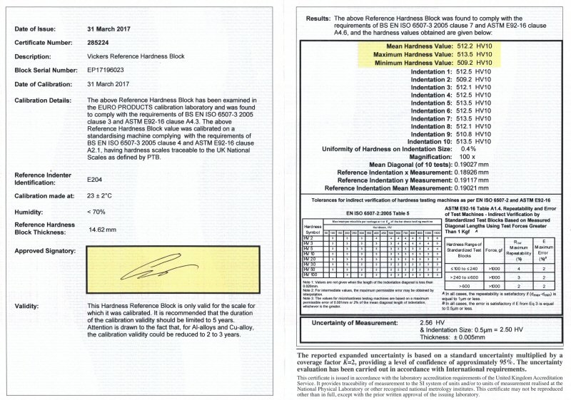 Bloc de référence carbure 1500 HV10 & certificat EPL (ISO)