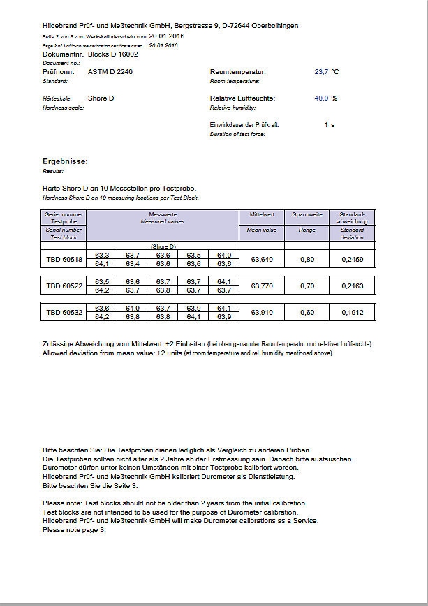 Set van 3 Shore D-platen en certificaat, ASTM D 2240, ISO 86