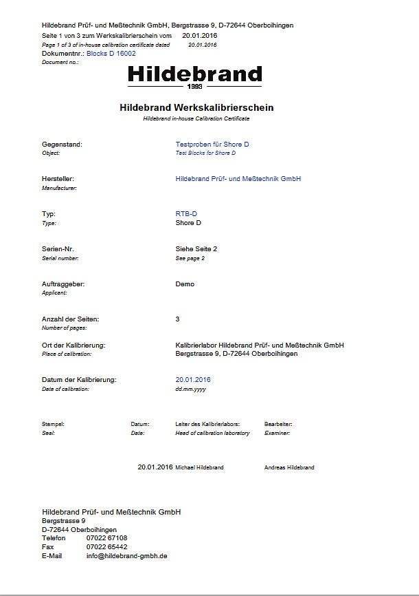 Set van  Shore D-platen en certificaat, ASTM D 2240, ISO 86