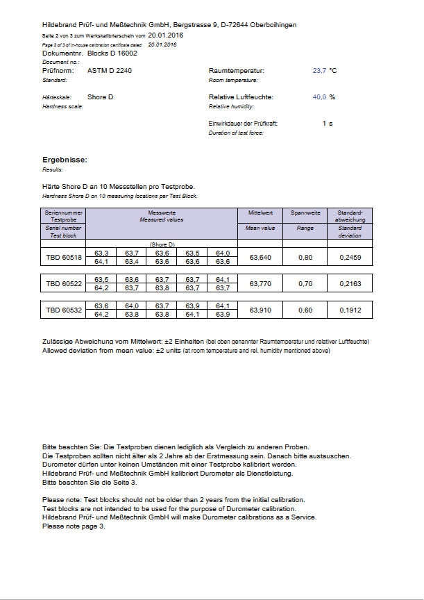 Set van  Shore D-platen en certificaat, ASTM D 2240, ISO 86